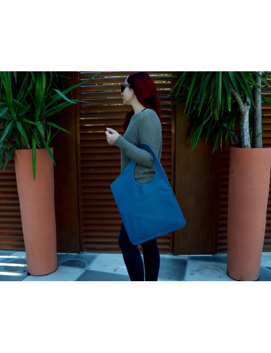 ASİMETRİK Model Sea Blue Real Leather Portföy Clutch Bag