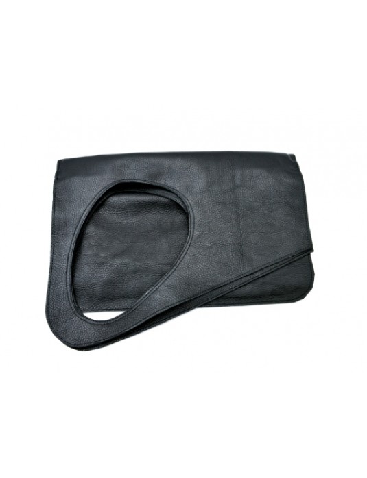 ASİMETRİK Model Black Real Leather Portföy Clutch Bag