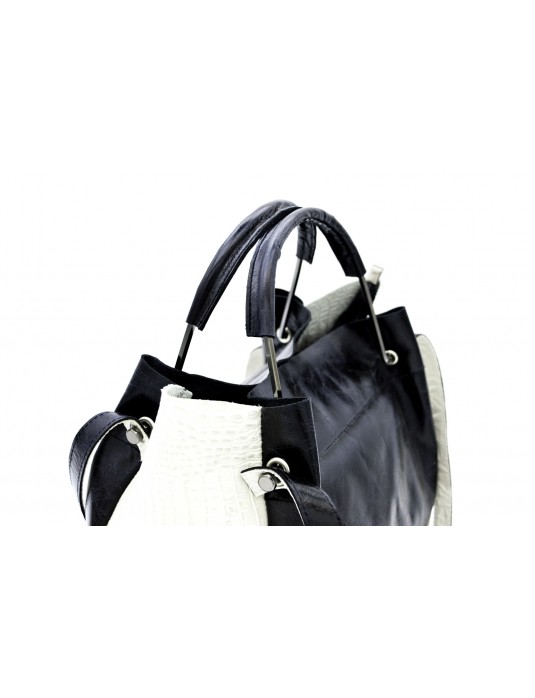 Elegant Black White Real Leather Bag